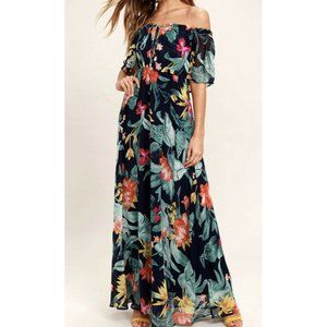 Lulus Infinite Love Navy Blue Print Off-the-Shoulder Maxi Dress